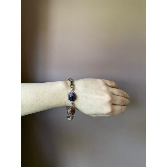 Sterling Silver Link Purple Stichtite Gemstone Bracelet Toggle Clasp Vtg Western - Picture 9 of 16